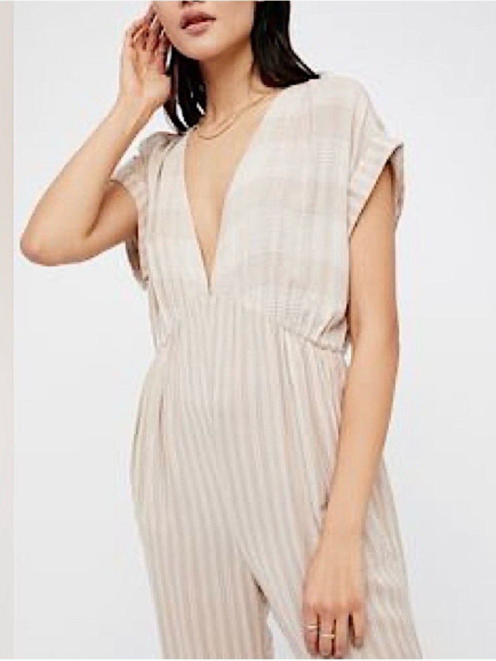 **NWT** Free People Neutral Striped V-Neck Jumpsuit Sz S pockets rolled Sleeve